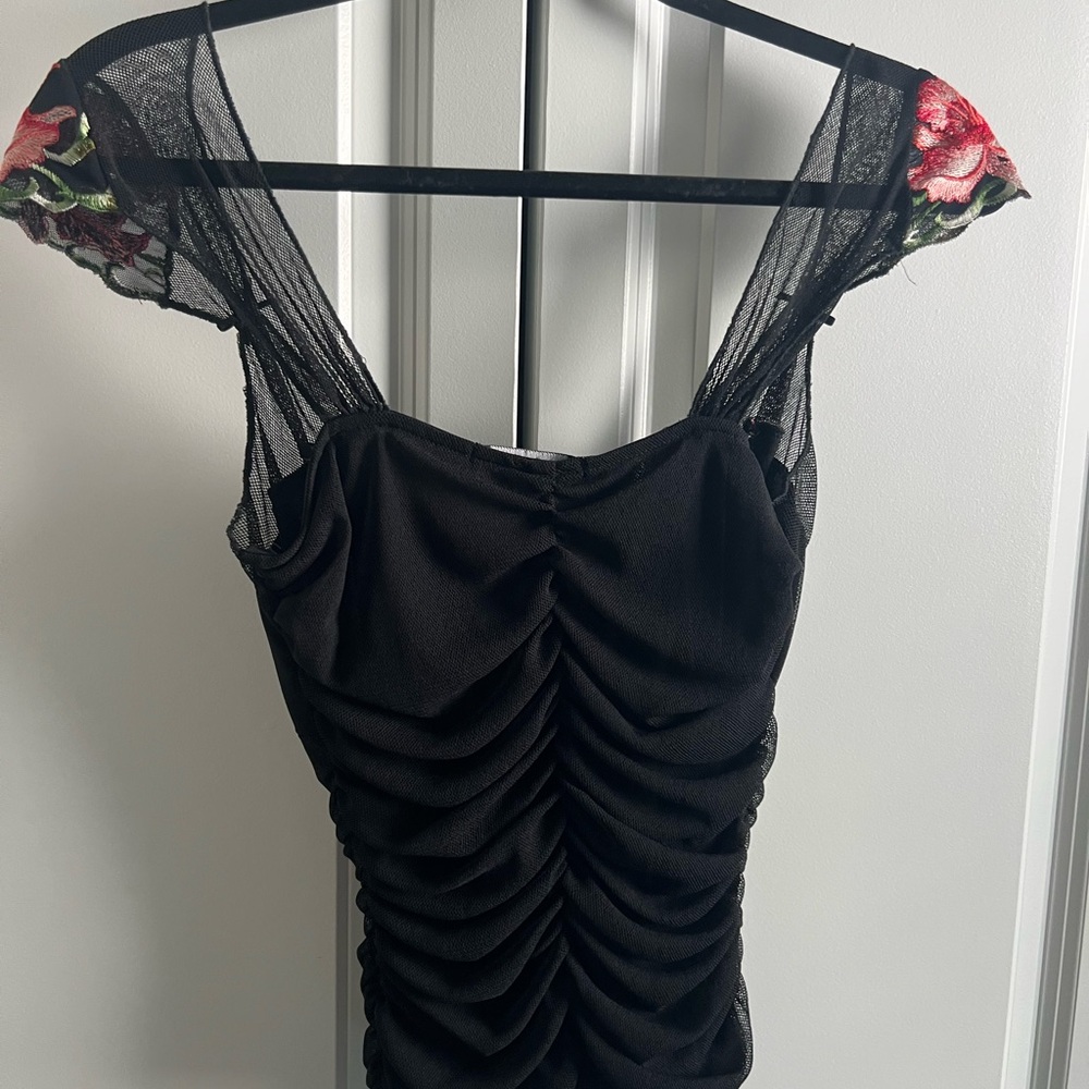 Casadei Black Mesh Top with Red and Green Embroidery - Picture 5 of 6